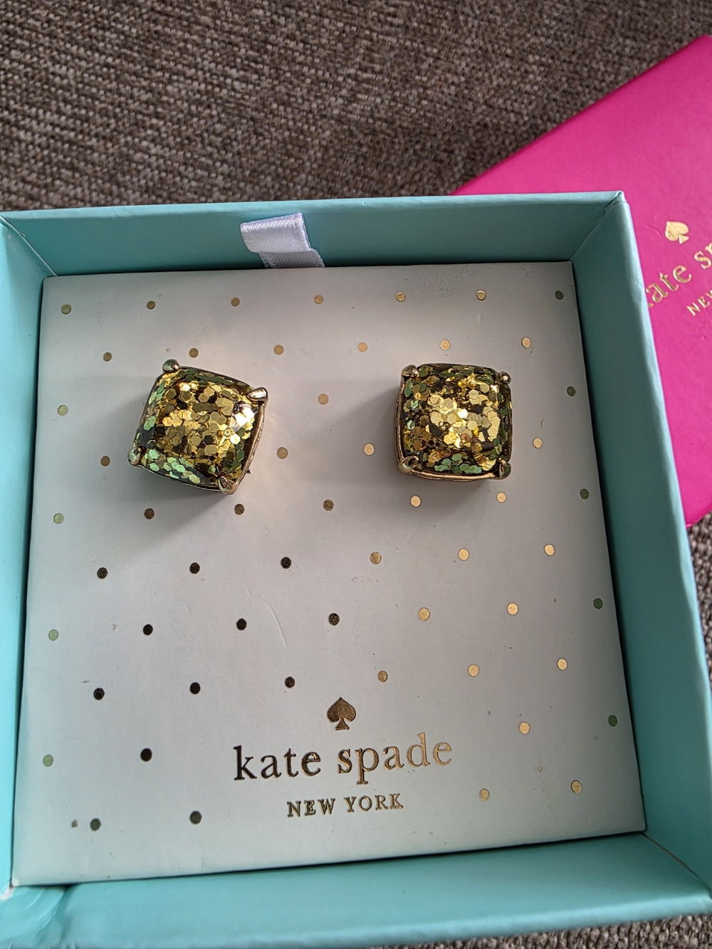 NWT Kate Spade Gold Glitter Small Square Stud Earrings 0.5"